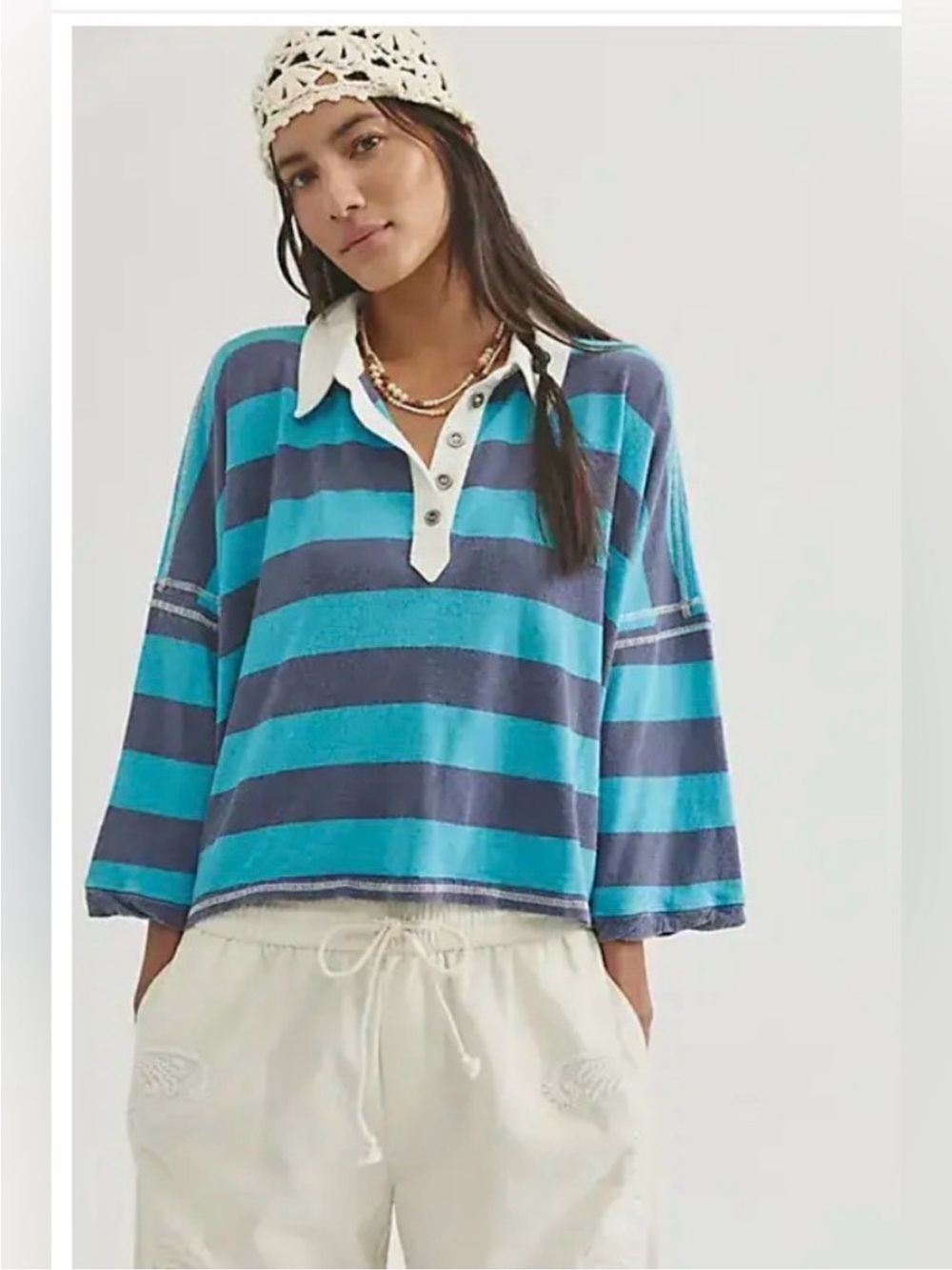 Free People We The Free Auggie Oversized Polo Tee. Net. Night shadow/tropical